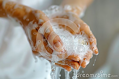 Washing Hands with Soap Closeup. Woman Wash her Palms, Soapy Arms, Washing Hands Stock Photo