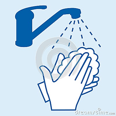 Washing hands with soap. Covid-19 prevention gesture. Blue illustration. Vector Illustration