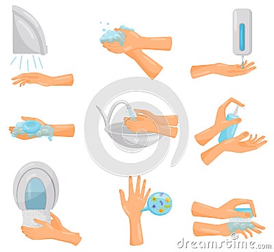 Washing hands step by step set, hygiene, prevention of infectious diseases, health care and sanitation vector Vector Illustration