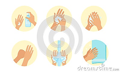 Washing Hands Step by Step Set, Personal Hygiene and Disease Prevention Concept Cartoon Vector Illustration Vector Illustration