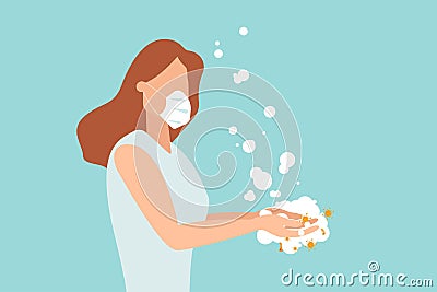 Washing hands to sanitize and disinfect COVID-19 Coronavirus pathogens from your hands concept, woman washing hands with alcohol Vector Illustration