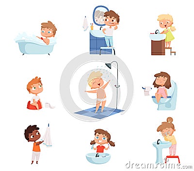 Washing kids. Brushing teeth toilet hygiene soap for childrens daily routine vector set Vector Illustration