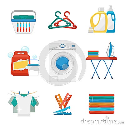 Washing and laundry flat icons Vector Illustration