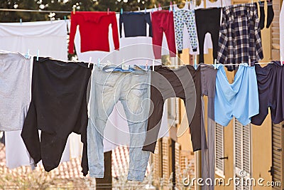 Washing lines with clothes drying Stock Photo