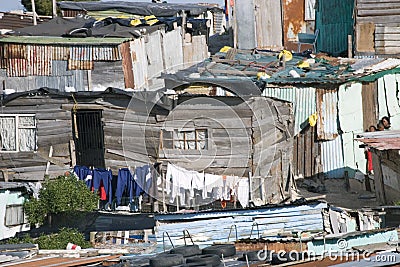 Khayelitsha shacks and washing lines on the Cape Flats near Cape Town Editorial Stock Photo