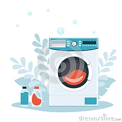Washing machine with bubbles. Flat style vector illustration Cartoon Illustration