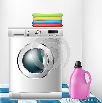 Washing machine with clothes and detergent bottle Vector Illustration