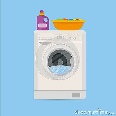 Washing machine with detergent and a basket Vector Illustration