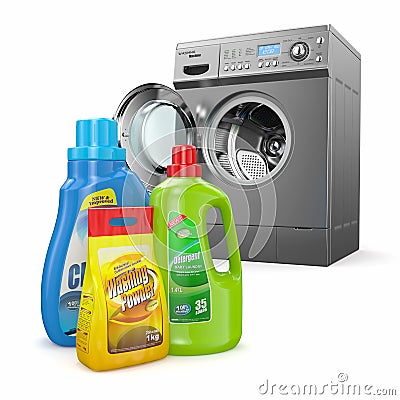 Washing machine and detergent bottles Stock Photo