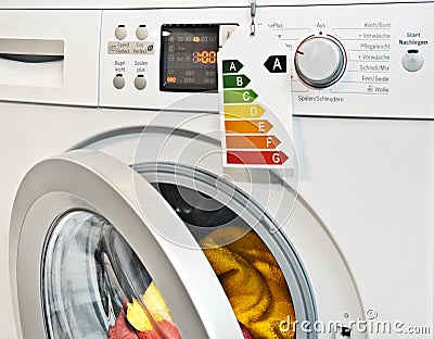 Washing machine with energy efficiency label Stock Photo