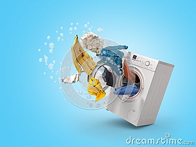 Washing machine and flying clothes on blue background Stock Photo