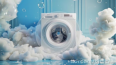 washing machine in large white foam, blue background. Detergents Stock Photo