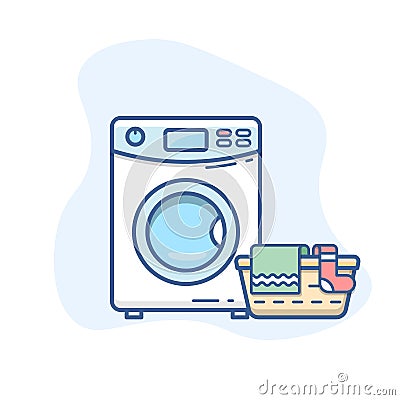 Washing machine with laundry basket vector line icon. Washer with dirty clothes outline illustration. Vector Illustration