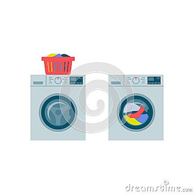 Washing machine washing laundry on white background Vector Illustration