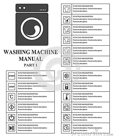 Washing machine manual symbols. Part 1 Instructions. Signs and symbols for washing machine exploitation manual. Instructions and Stock Photo