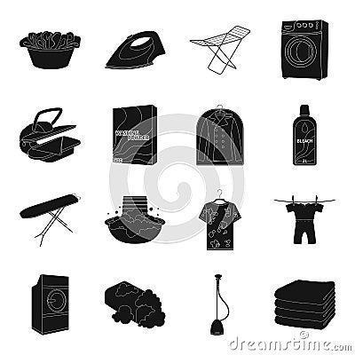 Washing machine, powder, iron and other equipment. Dry cleaning set collection icons in black style vector symbol stock Vector Illustration