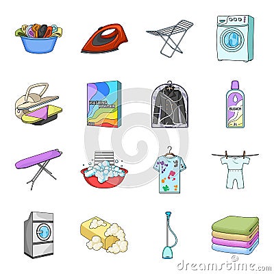 Washing machine, powder, iron and other equipment. Dry cleaning set collection icons in cartoon style vector symbol Vector Illustration