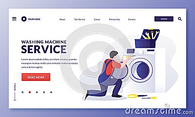 Washing machine repair service. Mechanic worker fixing laundry electrical equipment. Vector illustration Vector Illustration