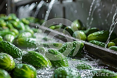Washing Many Cucumbers, Cucumbers Automated Washing Line, Vegetable Sorting on Conveyor Stock Photo