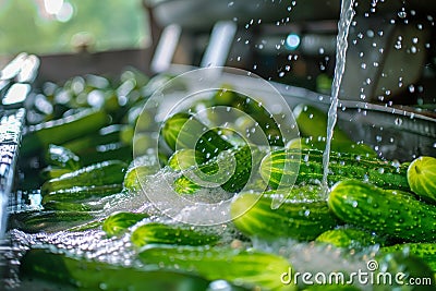 Washing Many Cucumbers, Cucumbers Automated Washing Line, Vegetable Sorting on Conveyor Stock Photo