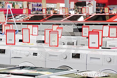 Washing mashines in appliance store showroom Stock Photo