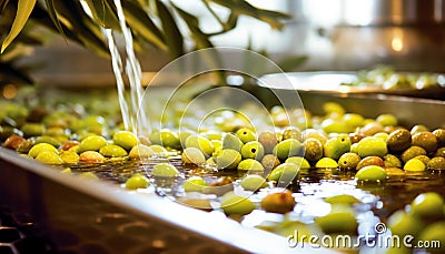 Washing of the olives before production. AI generative Stock Photo