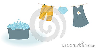 Washing: washed baby clothes cute Capri pants, panties and dress hanging on the clothesline and they are attached by clothespins Vector Illustration