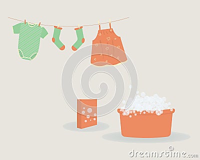 Washing: washed baby clothes cute Capri pants,socks and bodysuit hanging on clothesline and they are attached by clothespins.Wash Vector Illustration