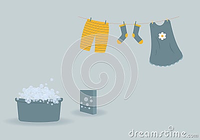 Washing: washed baby clothes cute Capri pants,socks and dress hanging on clothesline and they are attached by clothespins.Blue Vector Illustration