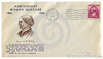 Washington D.C., The USA - 26 August 1936: US historical envelope: cover with cachet Anniversary woman suffrage Susan B. Anthony, Editorial Stock Photo