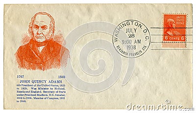 Washington D.C., The USA - 28 July 1938: US historical envelope: cover with cachet portrait of 6th President John Quincy Adams, o Editorial Stock Photo