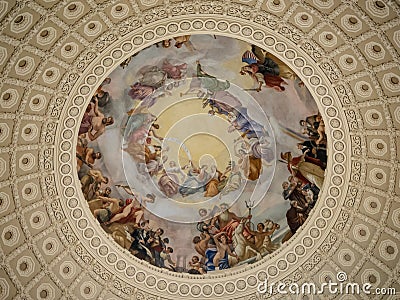 Washington DC, District of Columbia [United States Capitol interior, federal district, tourist visitor center, rotunda with fresco Editorial Stock Photo