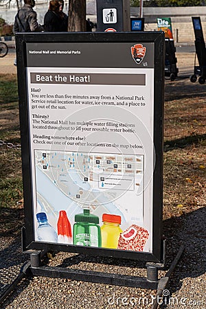 Warning sign from the National Park Service about heat exhaustion on the National Mall, Editorial Stock Photo