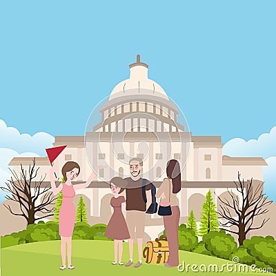 Washington DC, USA group of people on guided tours in front of Capitol congress building Vector Illustration