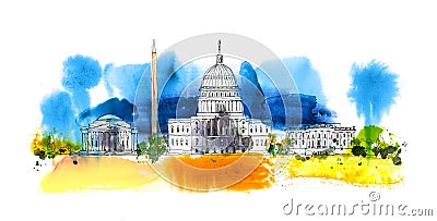Washington DC. White house and obelisk. Sketch composition with colourful water colour effects Stock Photo