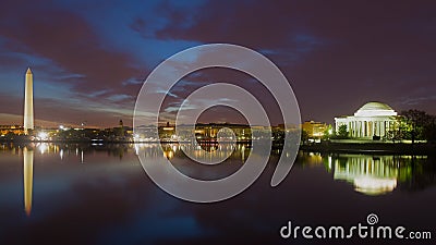 Washington Monument and Jefferson Memorial at night with the city skyline. Stock Photo