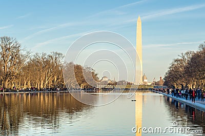 Washington Monument and Lincoln Memorial Reflecting Pool in Washington DC, VA, USA. Tourists and Visitors Enjoy the View Editorial Stock Photo
