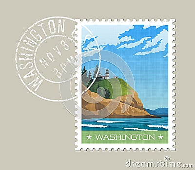 Washington State postage stamp design of rugged shoreline and lighthouse. Vector Illustration