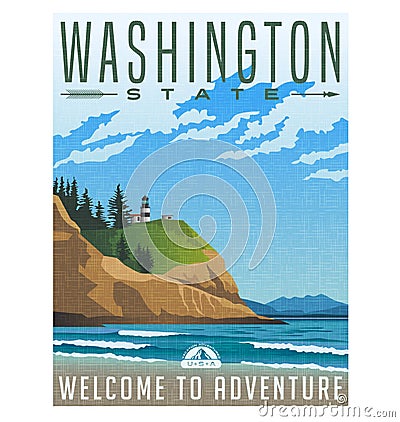 Washington State travel poster of rugged shoreline and lighthouse. Vector Illustration