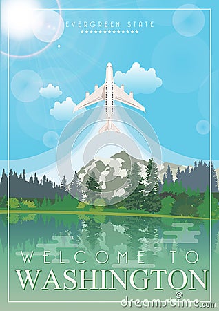 Washington vector american poster. USA travel illustration. United States of America card with lake. Welcome to Washington Cartoon Illustration