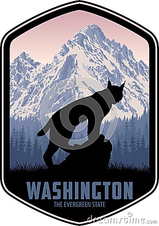 Washington vector label with Canada lynx and North Cascades national park Vector Illustration