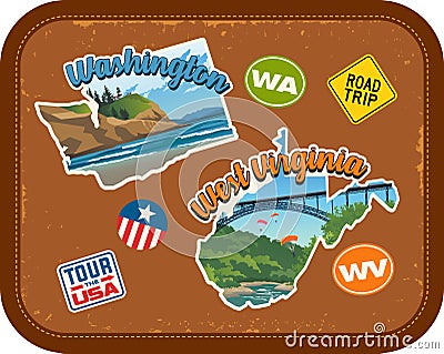 Washington, West Virginia travel stickers with scenic attractions Vector Illustration