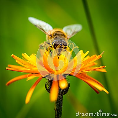 Wasp collects nectar from flower crepis alpina Stock Photo