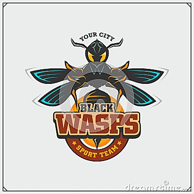 Wasp emblem and design elements. Dangerous stinging insect. Sport club emblem. Print design for t-shirt. Vector Illustration