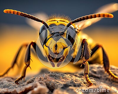 The wasp generative nature of the wasp close-up on blurred background. Cartoon Illustration