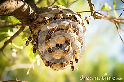Wasp nest with wasps and larvae hangs on a tree branch Stock Photo