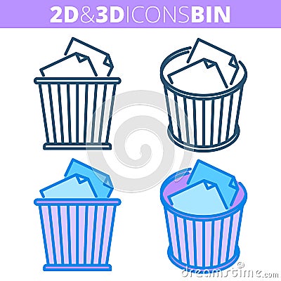 The waste bin. Flat and isometric 3d outline icon set. Vector Illustration