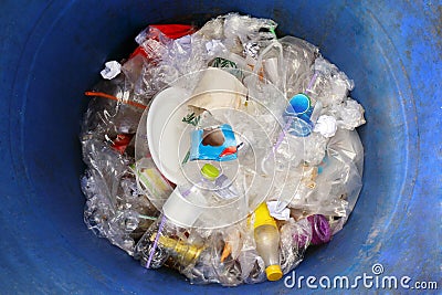 Waste, Bin garbage plastic bottle in the bin trash blue top view, Many garbage waste Stock Photo