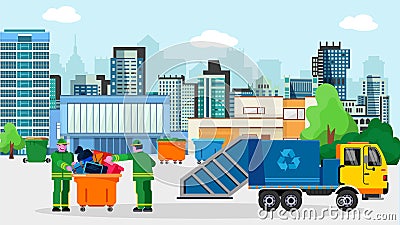 Waste disposal removal recycling concept megalopolis vector illustration. Garbage truck dustcart, dumpsters and two Vector Illustration