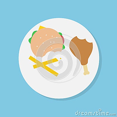 Waste food on plate. Junk food. Flat design Stock Photo